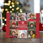 Happy Red - modern 8 Photo Collage Holiday Postcard<br><div class="desc">Use 8 square pictures to make a unique and trendy Merry Christmas memento. If you need to move anything around,  click on the customise button to make changes.</div>