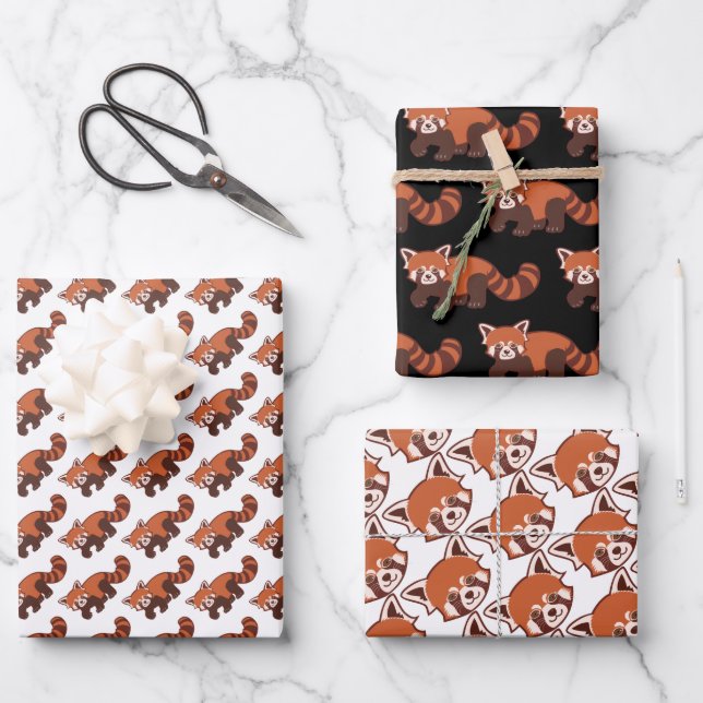 Happy Red Panda Wrapping Paper 3 Sheet Set (Front)