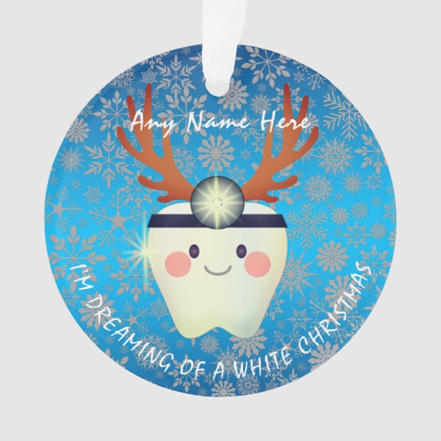 Happy Reindeer Antlers Tooth White Christmas  Ornament (Front)