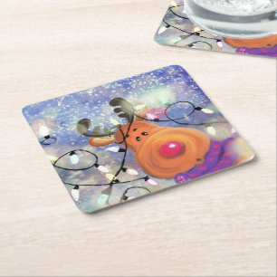 Happy Reindeer - Christmas Square Paper Coaster