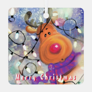 Happy Reindeer - Merry Christmas - Drawing Fun Metal Tree Decoration