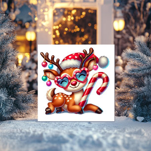 Happy Reindeer Relaxing with Candy Cane Holiday Card