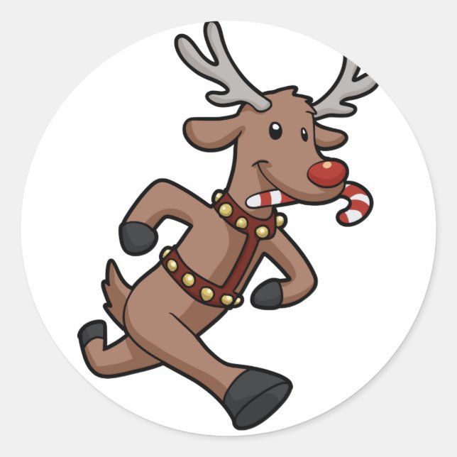 Happy Reindeer Runs cartoon | choose back colour Classic Round Sticker (Front)