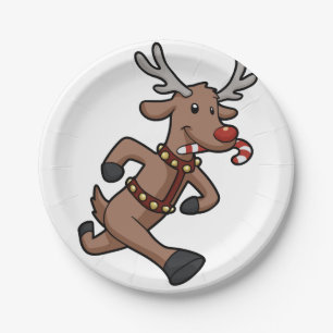 Happy Reindeer Runs cartoon   choose back colour Paper Plate