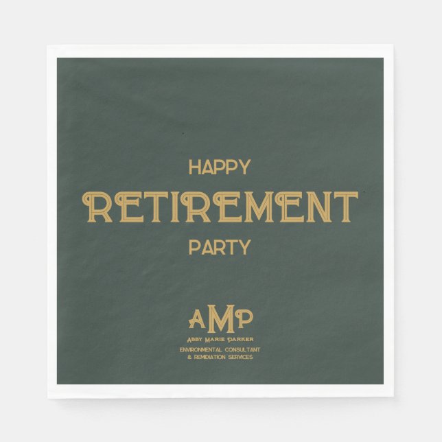 Happy Retirement  3 Letter Gold Monogram on Green Napkin (Front)