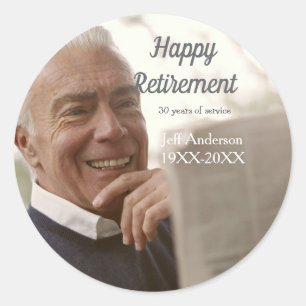 Happy retirement add name photo years of service r classic round sticker