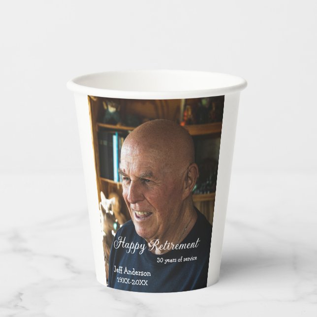 Happy retirement add name photo years of service r paper cups (Front)