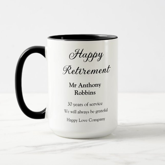 Happy retirement add name years of service retired mug (Left)