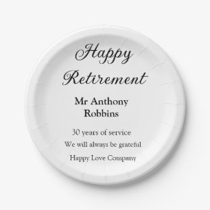 Happy retirement add name years of service retired paper plate