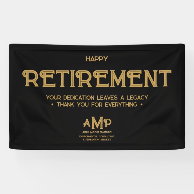 Happy Retirement Black and Gold Monogram Banner (Horizontal)