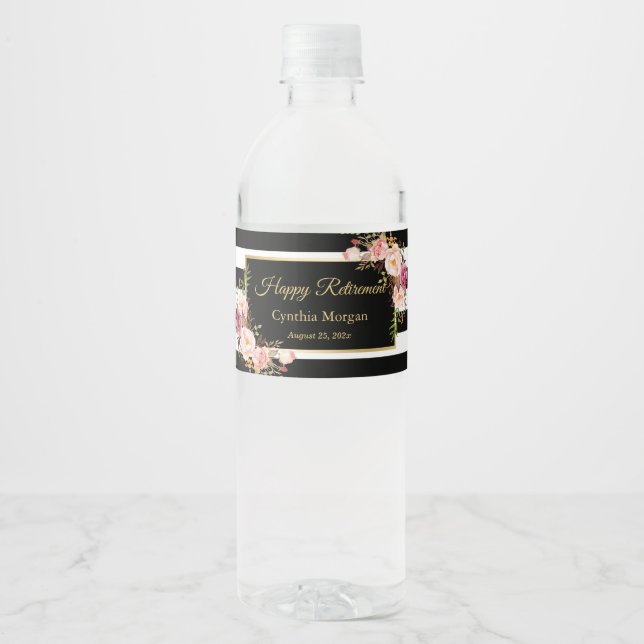 Happy Retirement Black White Stripes Floral Water Bottle Label (Front)