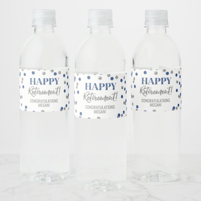 Happy Retirement Blue Silver Confetti Water Bottle Label (Bottles)