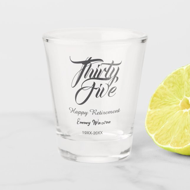 Happy retirement bold letter name year elegant sim shot glass (Front)