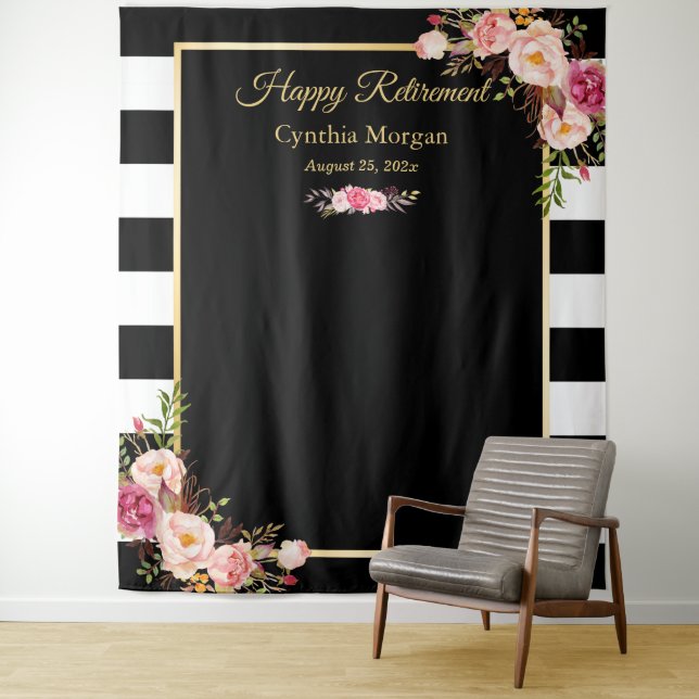 Happy Retirement BW Stripes Floral Backdrop Tapestry (In Situ)