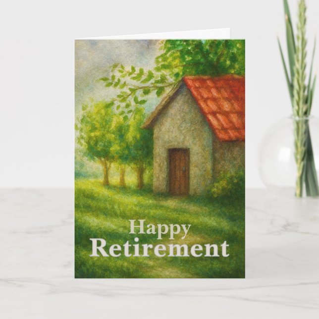 Happy Retirement Card | Peaceful Cottage Landscape (Front)