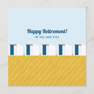 Happy retirement card with beach cabins and sand