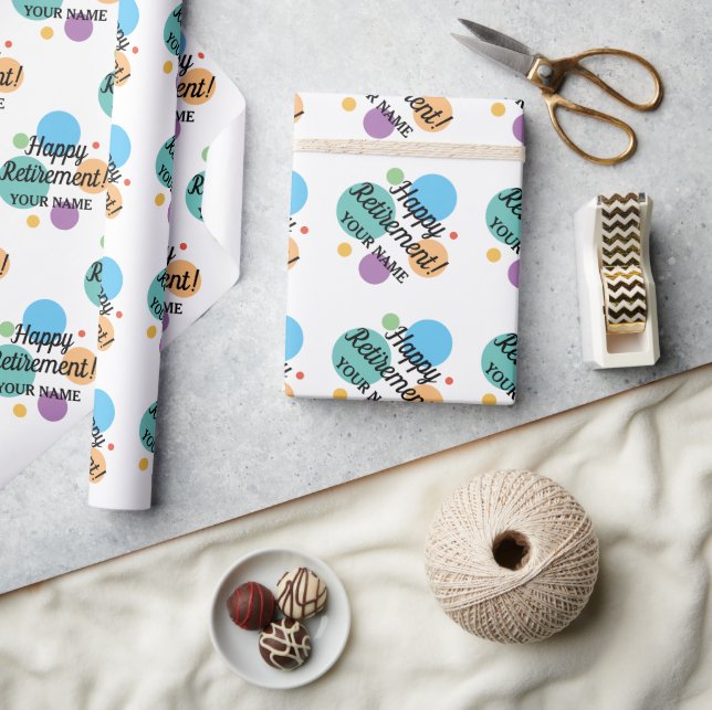 Happy Retirement colourful confetti custom name Wrapping Paper (Crafts)