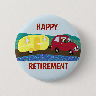Happy Retirement couple on caravan trip 6 Cm Round Badge