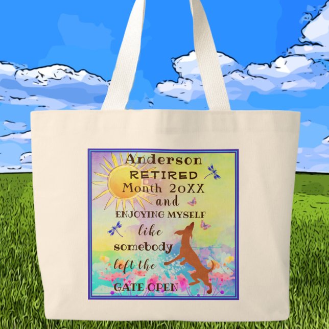 Happy Retirement Cute Dancing Dog Jumping with Joy Large Tote Bag (Creator Uploaded)