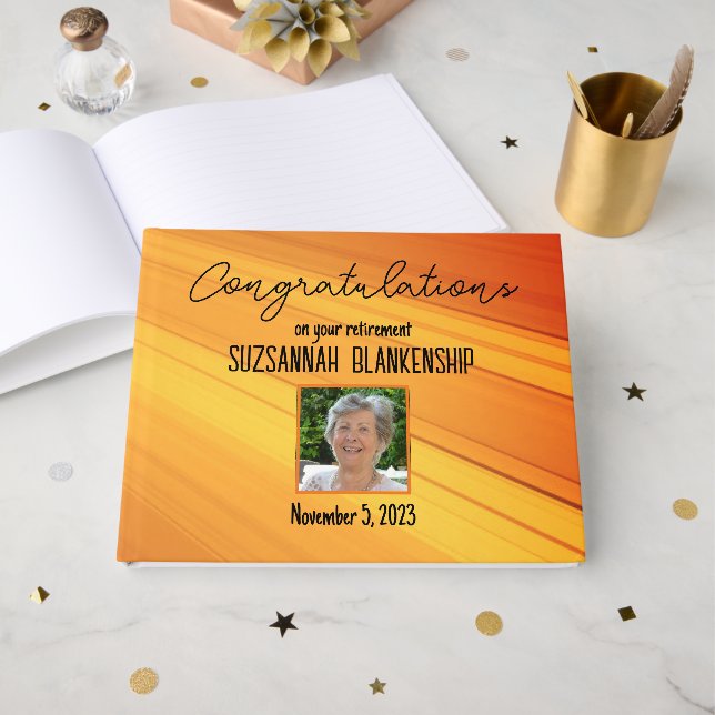 Happy Retirement Diagonal Gold Streak Custom Photo Guest Book (Front Open)