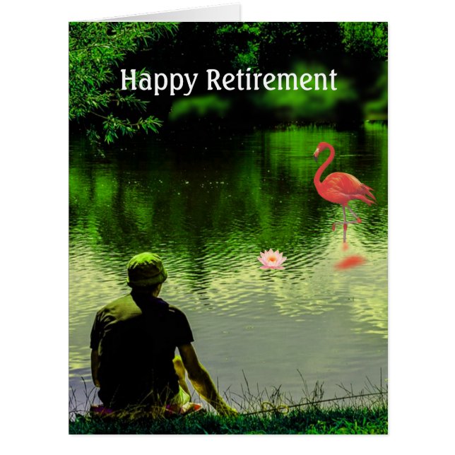 Happy Retirement Flamingo & Man Fishing on Lake (Front)