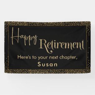 Happy Retirement Gold Glitter Confetti on Black Banner