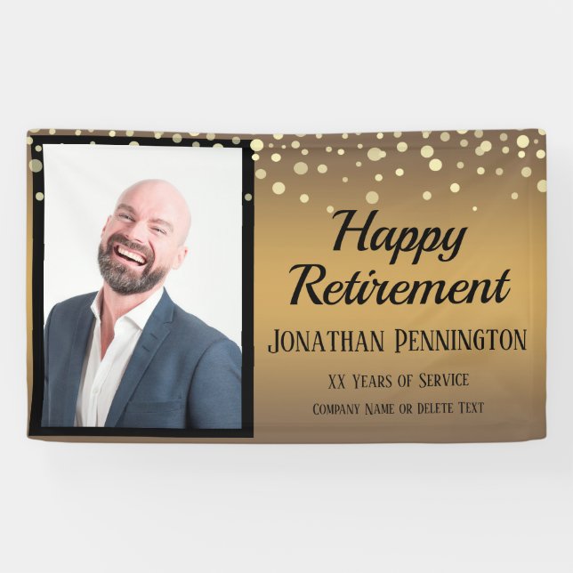 Happy Retirement Gold with Confetti One Photo Banner (Horizontal)
