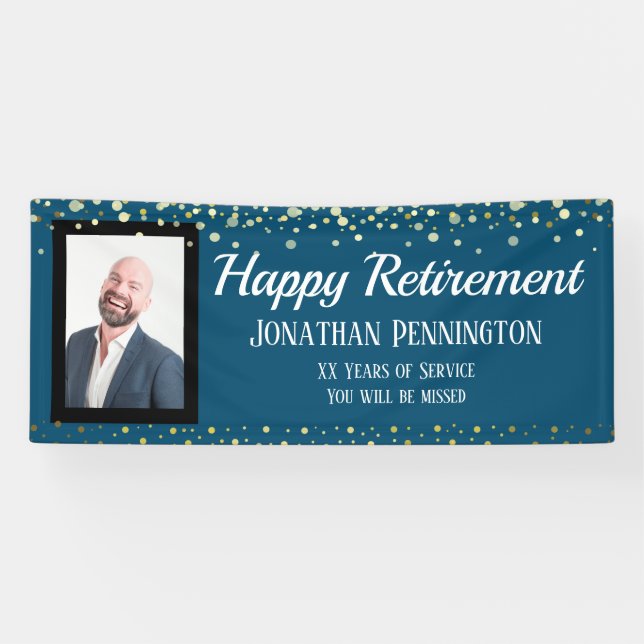 Happy Retirement Gold with Confetti One Photo Banner (Horizontal)