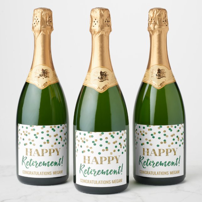 Happy Retirement Green Gold Confetti Sparkling Wine Label (Bottles)