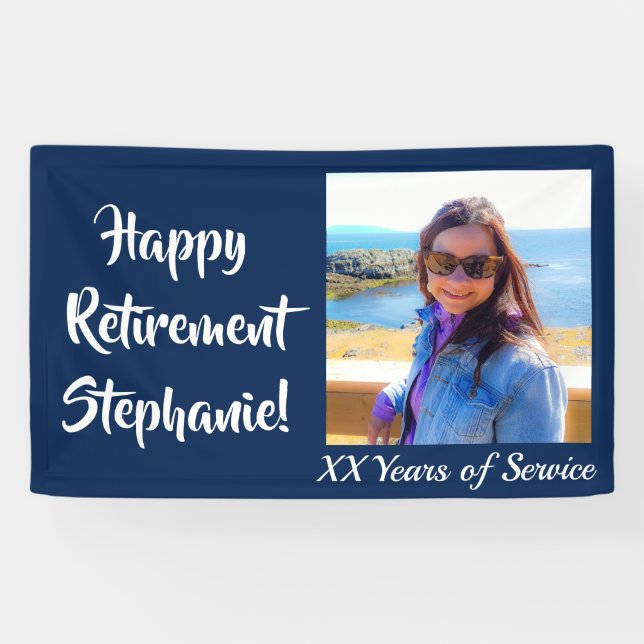 Happy Retirement Navy Blue Photo Retirement Party Banner (Horizontal)