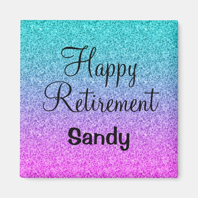 Happy Retirement Ombre Pink Blue Purple Glitter Magnet (Front)