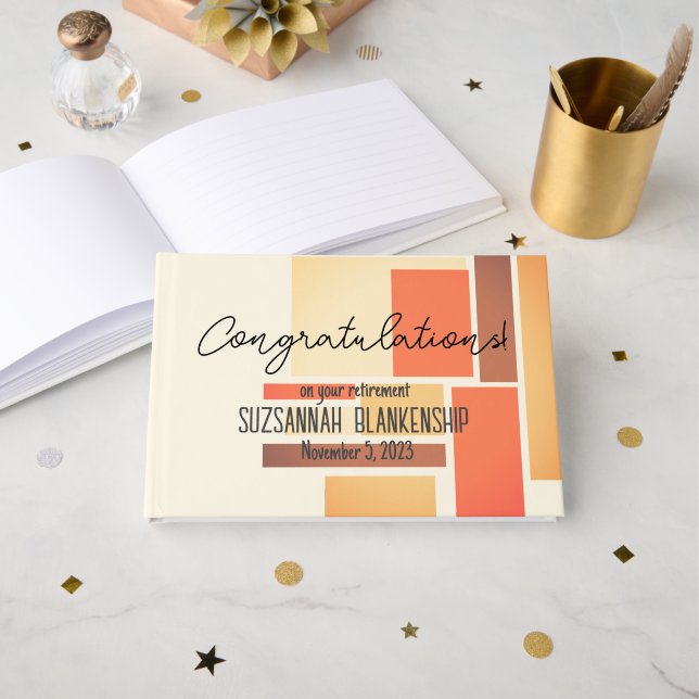 Happy Retirement Orange Block Abstract Custom Guest Book (Front Open)