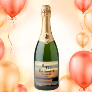 Happy Retirement Orange Sunset with Name Sparkling Wine Label
