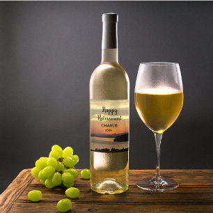 Happy Retirement Orange Sunset with Name Wine Label