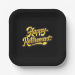 Happy Retirement Paper Plate<br><div class="desc">This stylish square paper plate features a deep black background with softly rounded edges, creating a sleek, modern look. Centered in bold golden‑yellow script, the phrase “Happy Retirement” shines with celebratory warmth. The elegant cursive lettering adds a touch of sophistication, making this plate an ideal choice for retirement parties, office...</div>
