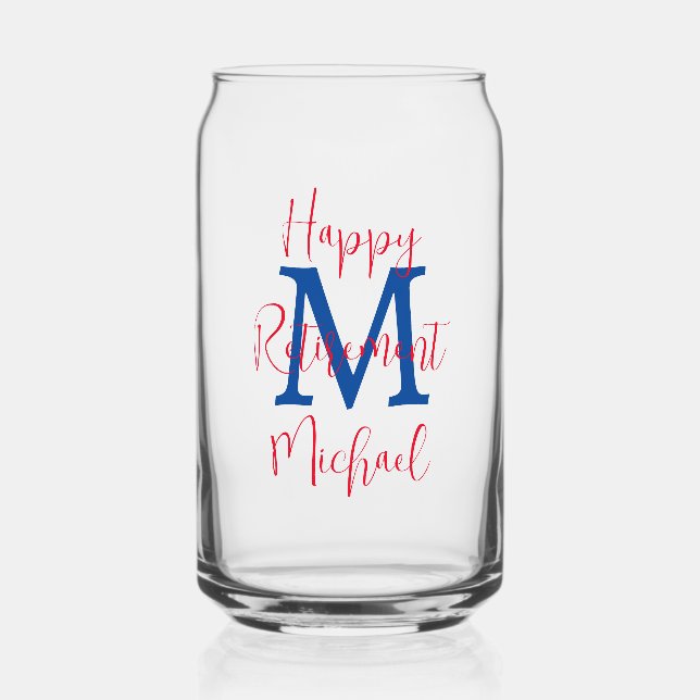 Happy Retirement Party Blue Monogram Red Name Can Glass (Front)