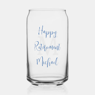 Happy Retirement Party Grey Monogram Blue Name Can Glass