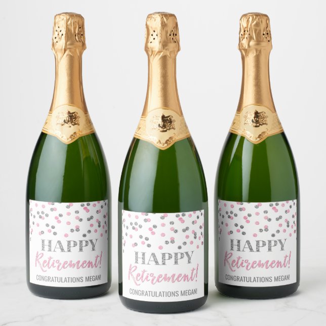Happy Retirement Pink Silver Confetti Sparkling Wine Label (Bottles)