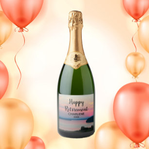 Happy Retirement Pink Sunset with Name Sparkling Wine Label