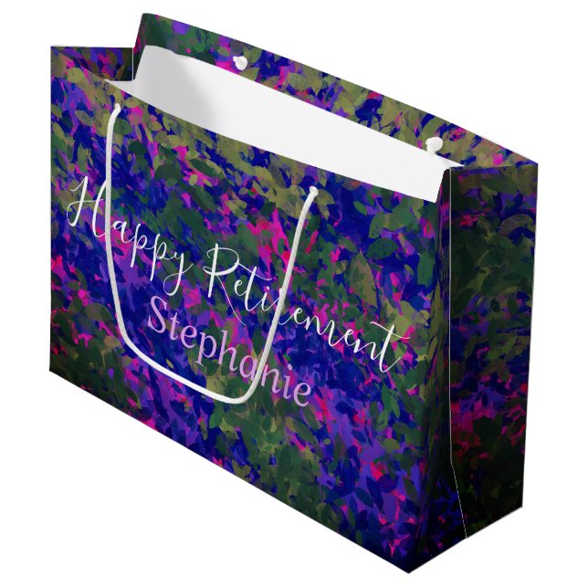 Happy Retirement Purple Blue Florals Hand Painted Large Gift Bag (Front Angled)