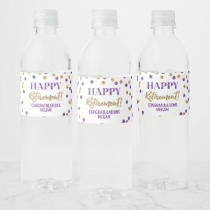 Happy Retirement Purple Gold Confetti Water Bottle Label