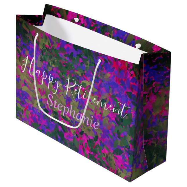 Happy Retirement Purple Pink Garden Floral Painted Large Gift Bag (Front Angled)