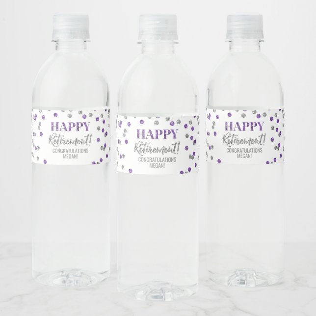 Happy Retirement Purple Silver Confetti Water Bottle Label (Bottles)