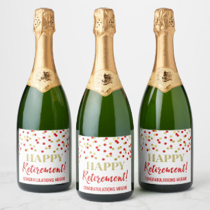 Happy Retirement Red Gold Confetti Sparkling Wine Label