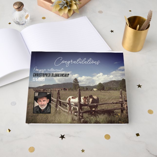 Happy Retirement Rural Scene Horses Photo Custom Guest Book (Front Open)