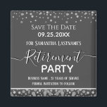 Happy Retirement Silver Confetti Save the Date Magnet<br><div class="desc">Easy to adjust retirement party save the date. No photo,  fancy script,  and silver confetti design. Various colours available. Flat colour. All text is adjustable. Great reminder for your big retirement party!</div>