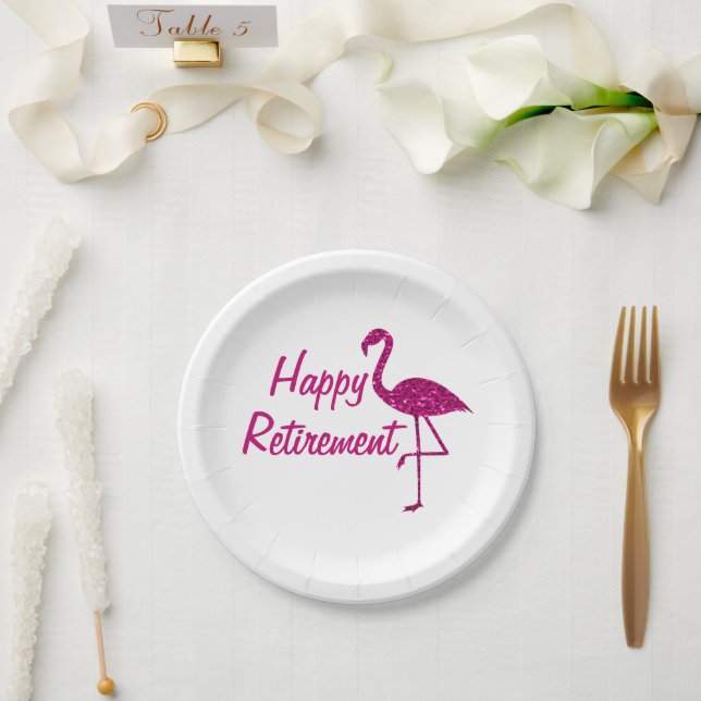 Happy retirement sparkly pink flamingo Custom text Paper Plate (Wedding)