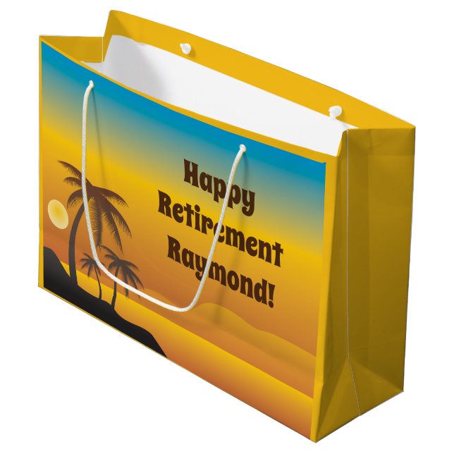 Happy Retirement with palm trees beach scene Large Gift Bag (Front Angled)