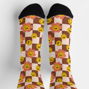 Happy Retro Chequered Pattern with flowers Socks