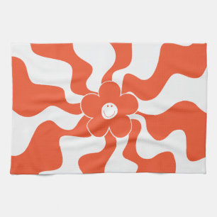 Happy Retro Daisy in Orange and White  Tea Towel